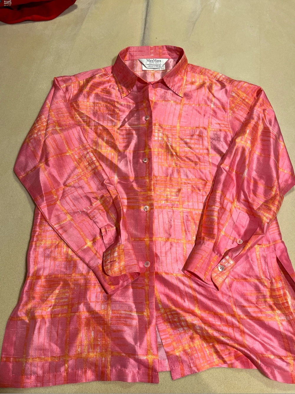 MaxMara 100% Silk Pink Orange Plaid Button Front Tunic Blouse Sz 8 Made in Italy